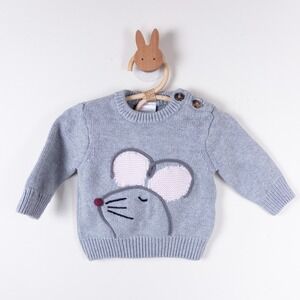 Hanna Andersson Mouse Sweater Kids 3-6M Gray Cotton Knit Button Shoulder
